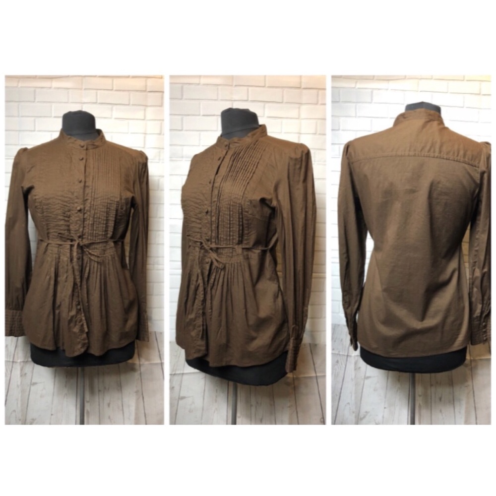 ANA Brown Pleated Belted Buttoned Tunic Blouse